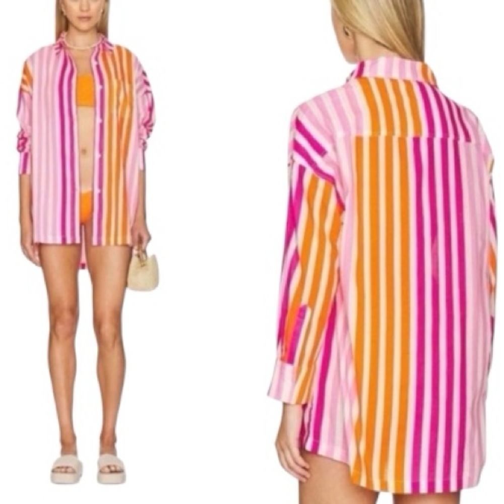 BeachRiot Women’s Alexa Pink Orange Striped Button Up Sunset Stripe Swim sz PL